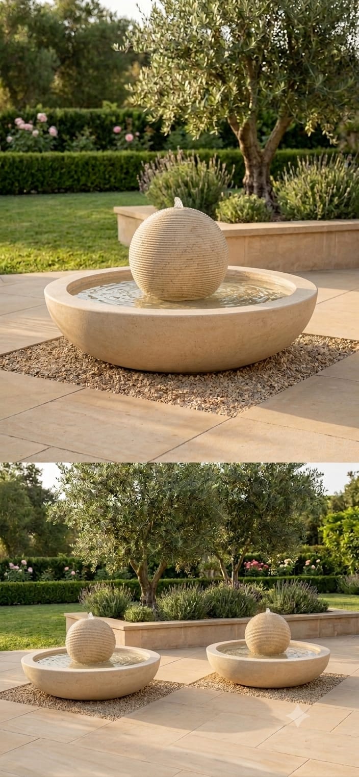 Bowl and orb stone fountains